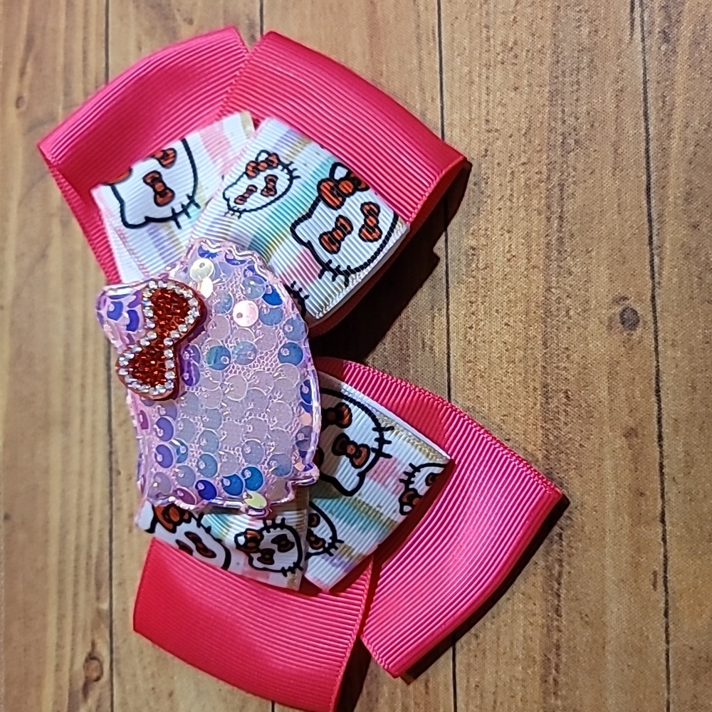 Handmade Kitty Cat Sequins Ribbon and Rhinestone Pink Bow Hair Clip